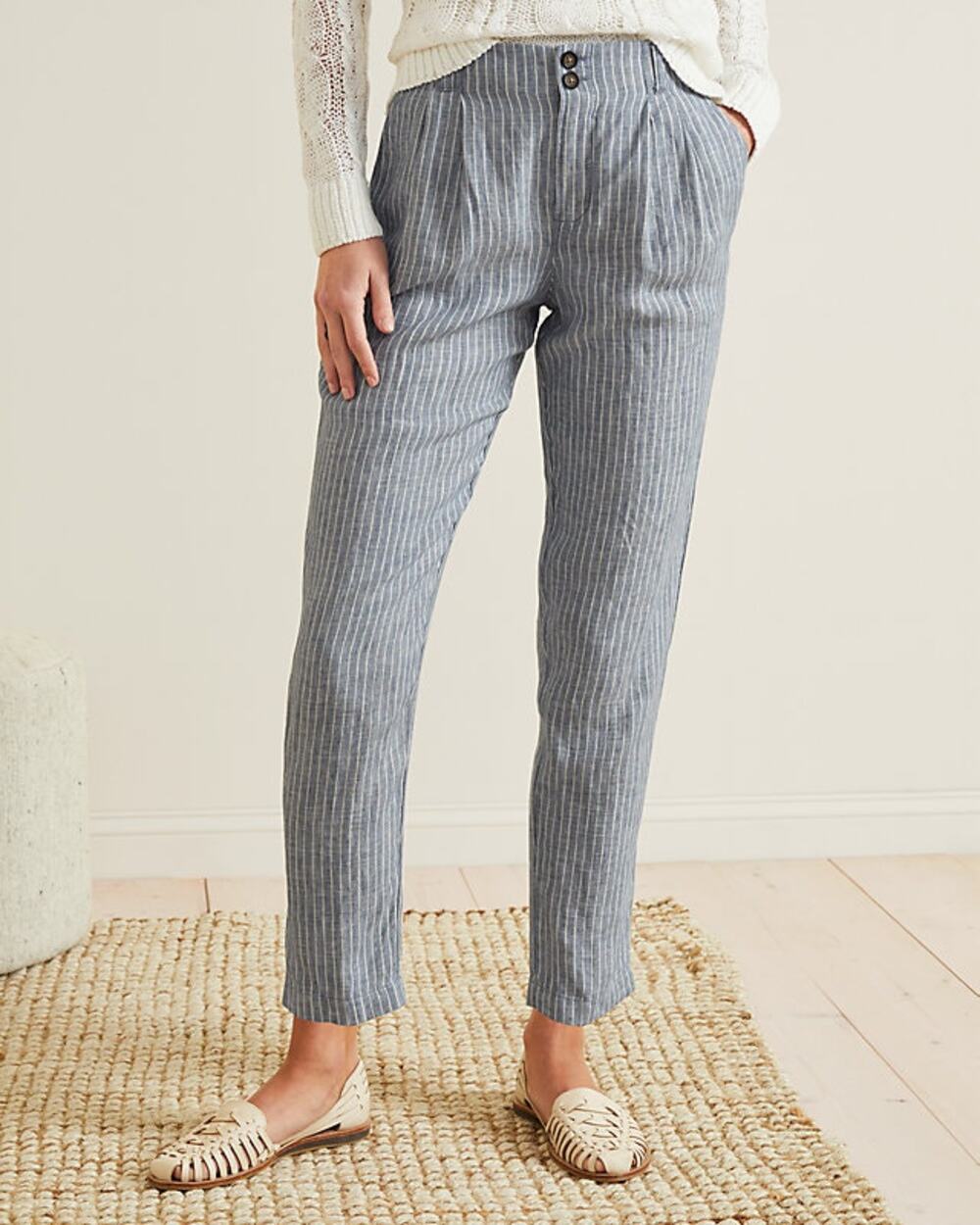 NWT Garnet Hill Straight-Leg 100% Linen Trouser Pant Sky Mini Stripe Size 10